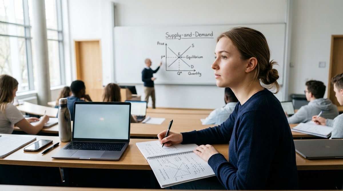 Studentin macht sich Notizen zu Angebot und Nachfrage vor einer Tafel mit Marktdiagramm