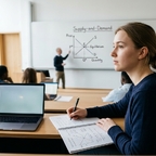 Studentin macht sich Notizen zu Angebot und Nachfrage vor einer Tafel mit Marktdiagramm