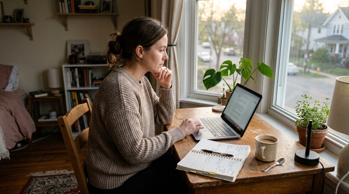 Frau plant am Küchentisch mit Laptop und Wochenplaner ihr Fernstudium vor der Arbeit