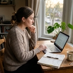 Frau plant am Küchentisch mit Laptop und Wochenplaner ihr Fernstudium vor der Arbeit