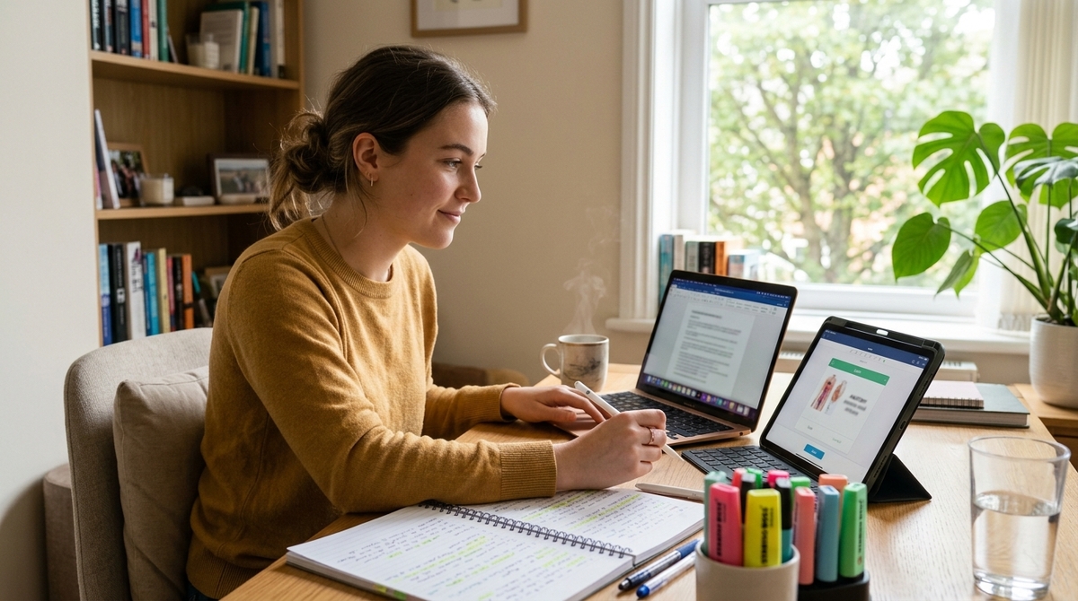 Studentin lernt am Laptop mit digitaler Karteikarten-App am Schreibtisch
