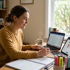 Studentin lernt am Laptop mit digitaler Karteikarten-App am Schreibtisch