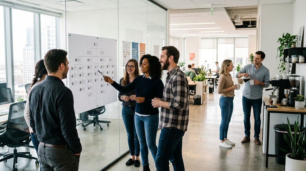 Mitarbeitende besprechen ein Organigramm im Büro, im Hintergrund unterhalten sich zwei Kollegen informell an der Kaffeemaschine