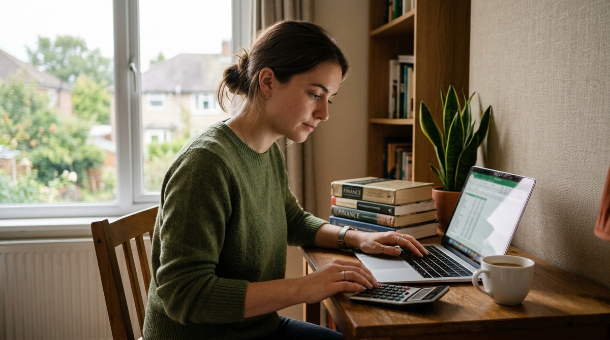 Person berechnet am Schreibtisch die Kosten für ein BWL-Fernstudium mit Laptop und Taschenrechner