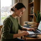Person berechnet am Schreibtisch die Kosten für ein BWL-Fernstudium mit Laptop und Taschenrechner