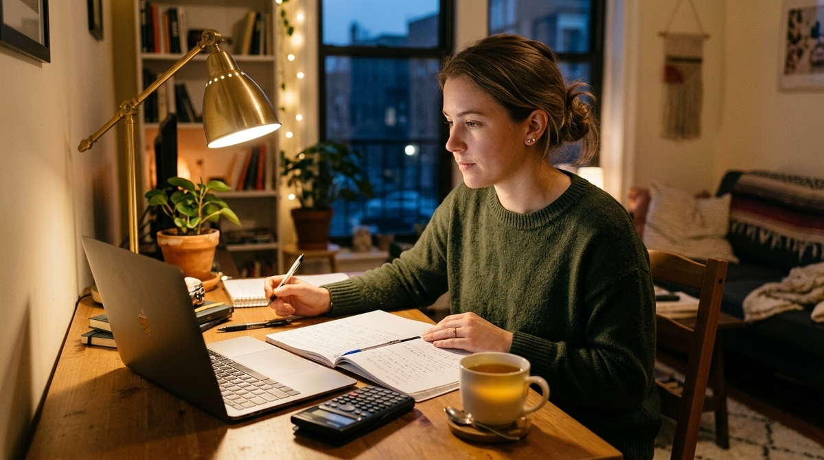 Frau lernt abends am Laptop für ihr Master-Fernstudium BWL mit Notizen und Taschenrechner auf dem Schreibtisch