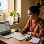 Student vergleicht ein ausgedrucktes Skript mit einer KI-Zusammenfassung am Laptop