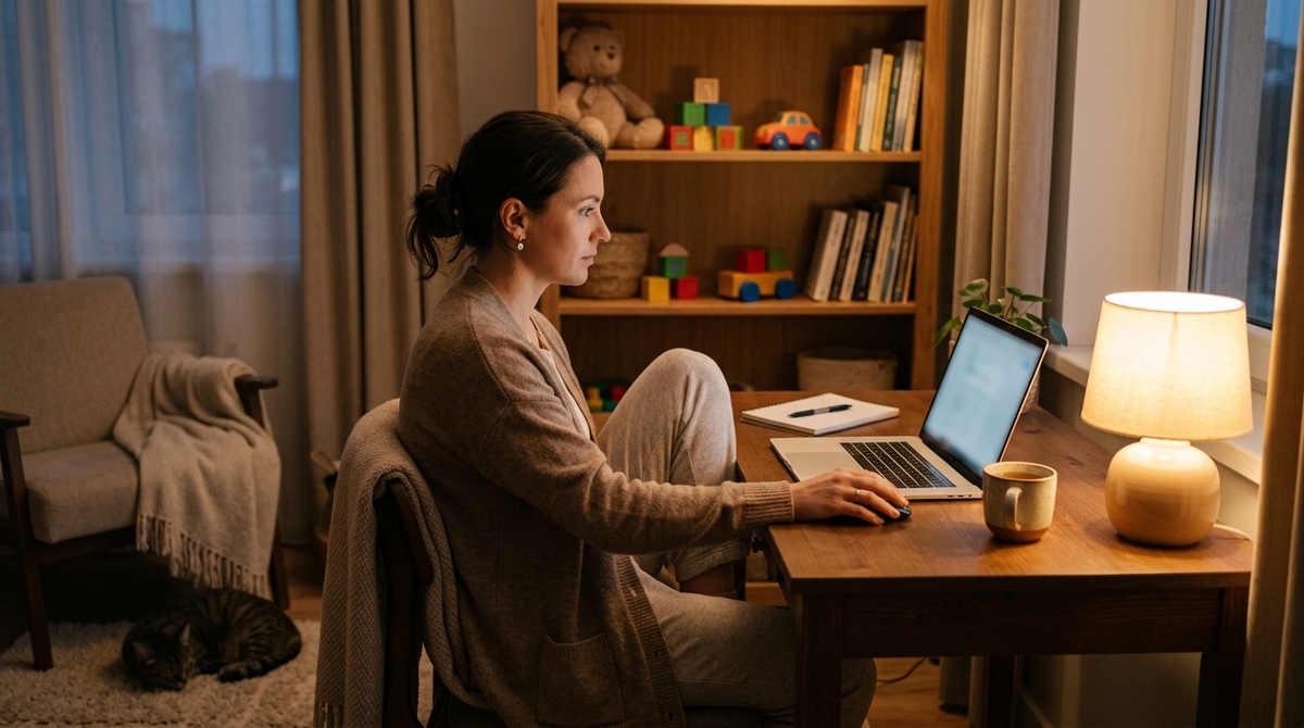 Elternteil lernt abends am Laptop in einer ruhigen Wohnzimmerecke, im Hintergrund aufgeräumtes Kinderzimmer-Spielzeug