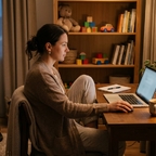 Elternteil lernt abends am Laptop in einer ruhigen Wohnzimmerecke, im Hintergrund aufgeräumtes Kinderzimmer-Spielzeug